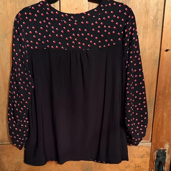 Elegant Ivy Ridge Black Button Front Blouse with Red & White Dots - Picture 3 of 4